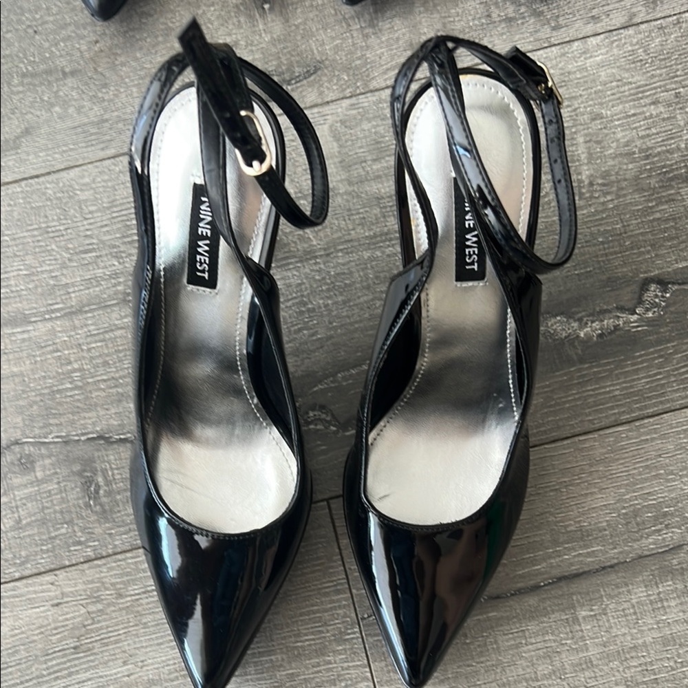 Nine West Black Patent Pointed-Toe Ankle Strap Pumps